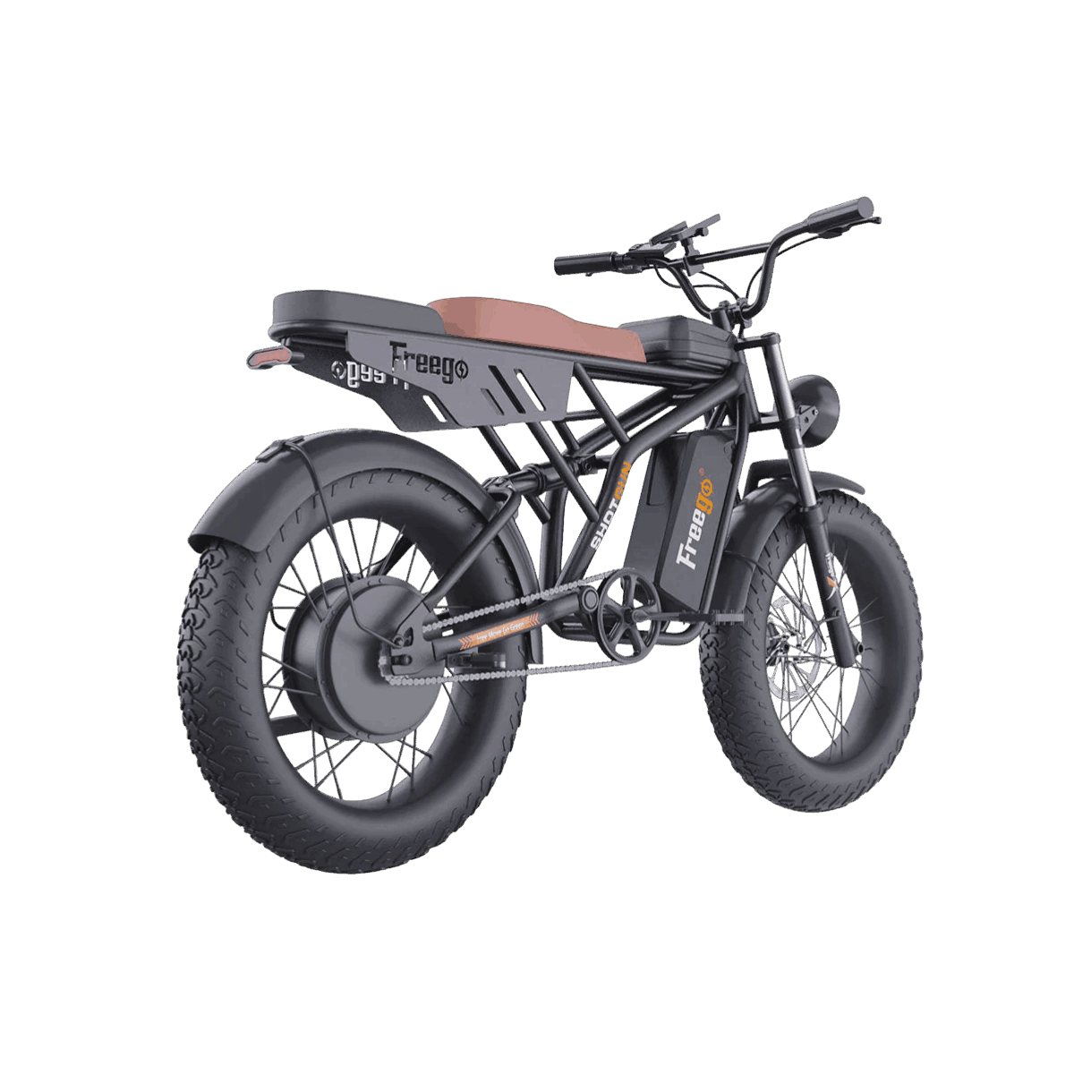 Electric bike with 'Freego' branding on a gray background
