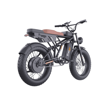 Electric bike with 'Freego' branding on a gray background