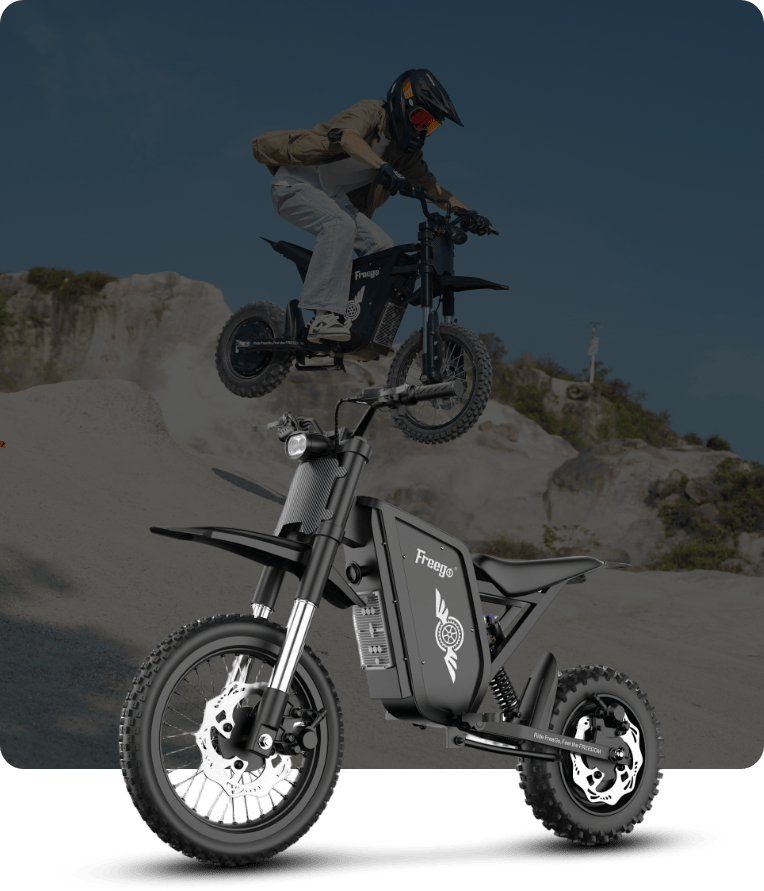 rider on Freego XO e-bike airborne over desert