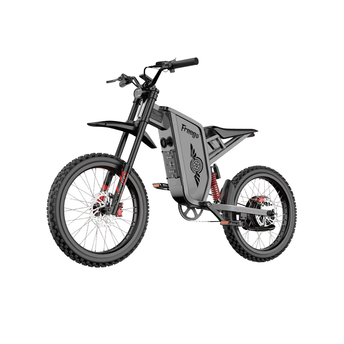 Electric bike with 'Freeco' branding on a gray background