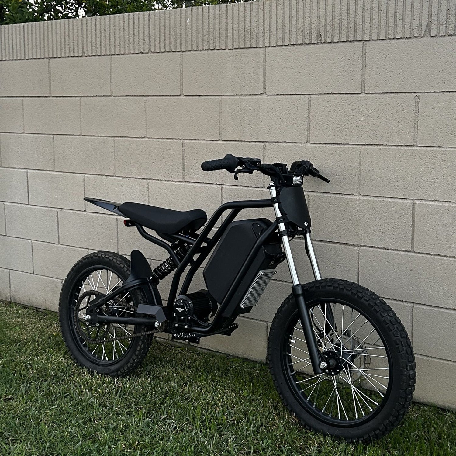 Freego Nova 3 electric dirt bike parked on grass in front of a beige cinder block wall, featuring thick off-road tires, front and rear suspension, black rugged frame, and centrally mounted battery pack.