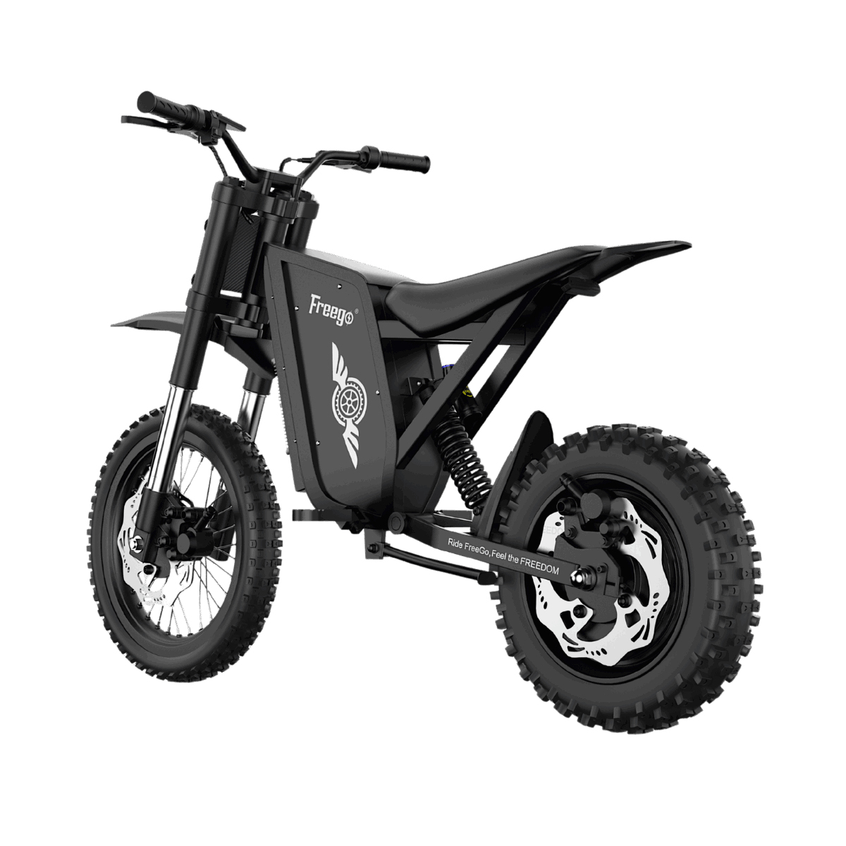 Freego X0 electric mini dirt bike for teens and adults, featuring a high-performance 3600W peak motor and full suspension, isolated on a transparent background.
