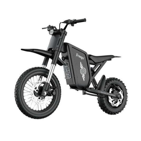Side-profile view of Freego X0 electric mini dirt bike in black, high-performance E-bike for teens and adults on transparent background.