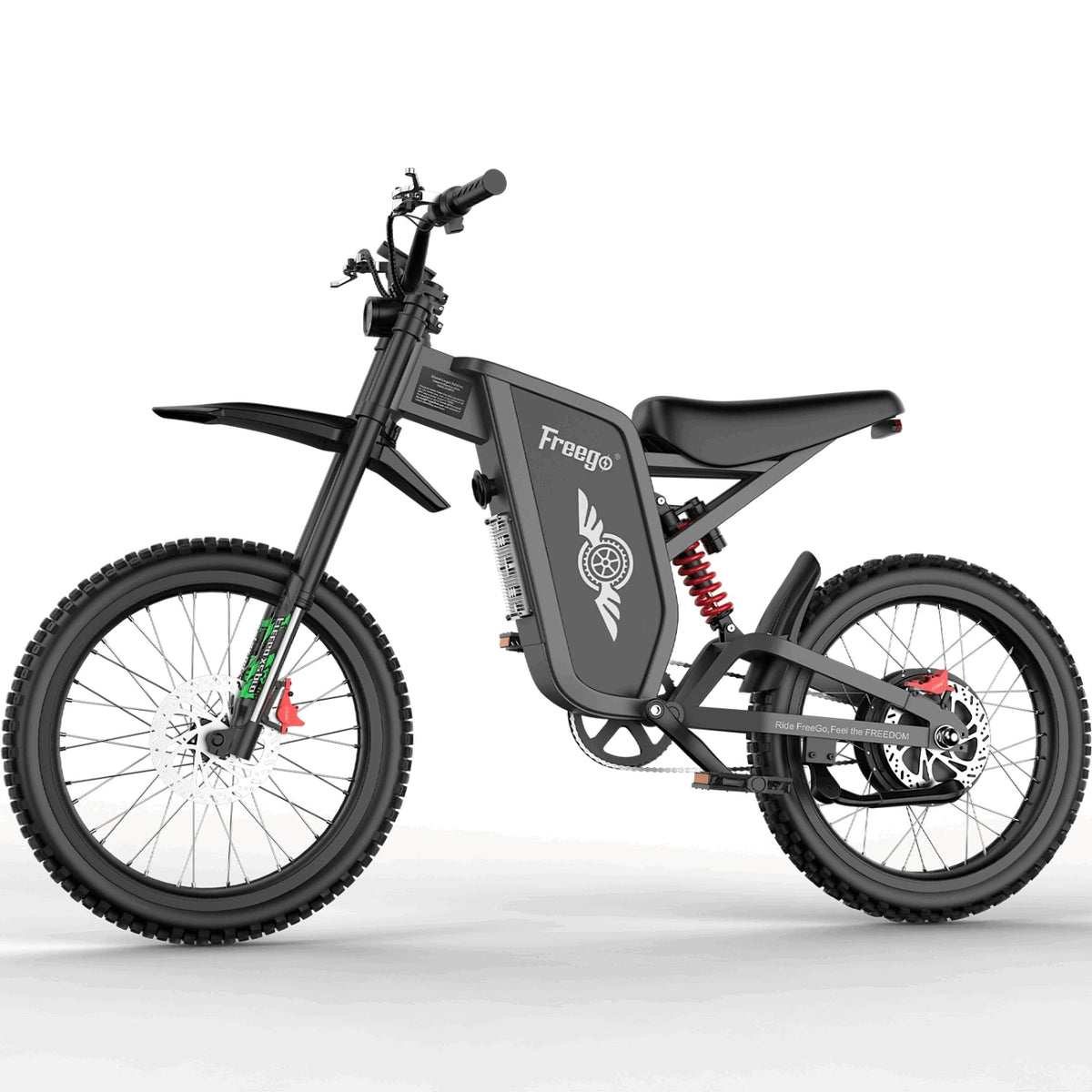 Bicicleta eléctrica todoterreno Freego X2 Pro, vista lateral orientada hacia la izquierda