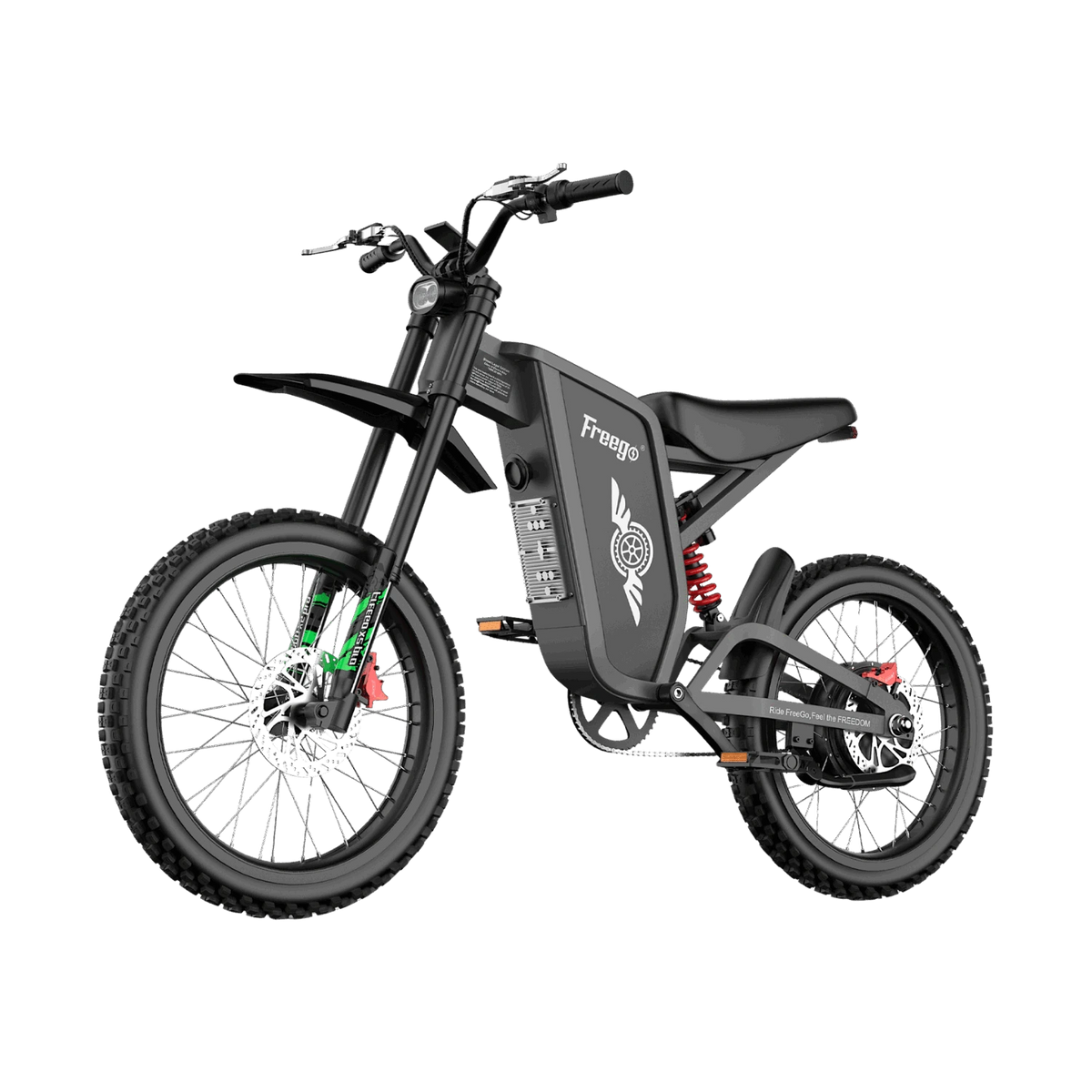 Bicicleta eléctrica todoterreno Freego X2 Pro, vista de tres cuartos orientada hacia la izquierda