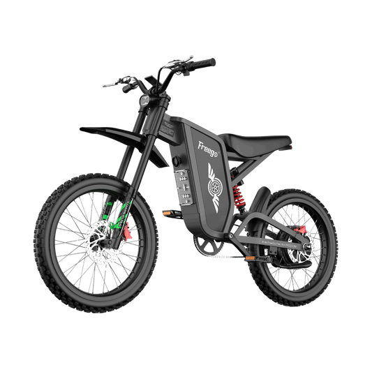 Bicicleta eléctrica todoterreno Freego X2 Pro, vista de tres cuartos orientada hacia la izquierda