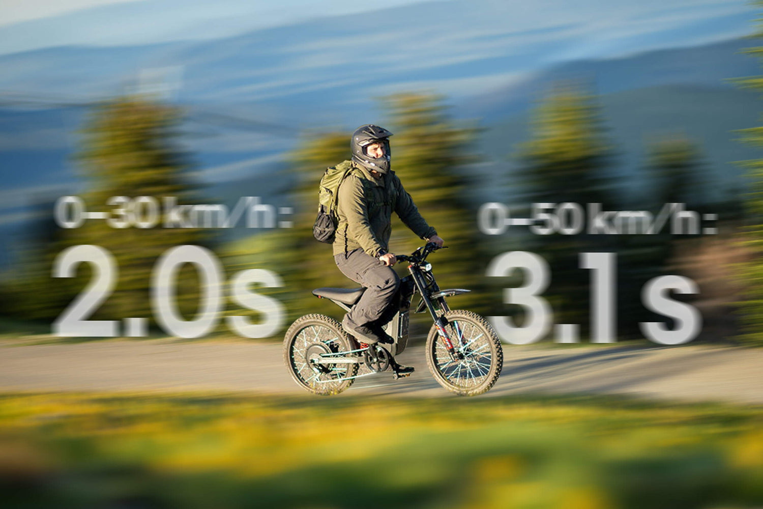 Freego X2 Pro electric dirt bike accelerating fast on a trail, showcasing rapid off-road speed.