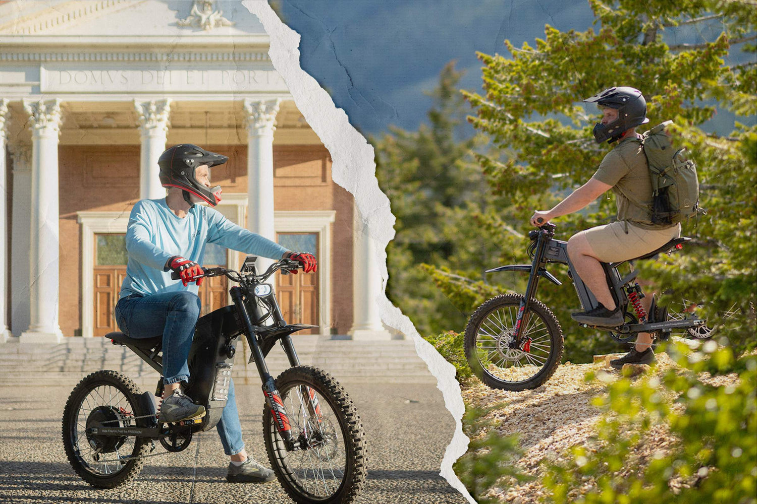 Two people riding X2 Pro ebikes, one on a path with classical architecture and the other in a natural setting.