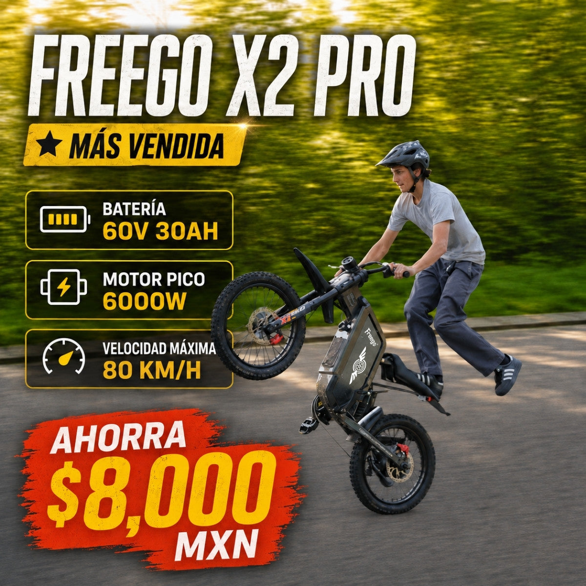 Freego X2 Pro en oferta en México con motor de 6000W, batería de 60V 30Ah y velocidad máxima de 80 km/h.